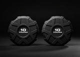Younix ProSeries Kurzhantel-Set mit Double Deck Hantelablage: zwei schwarze 10-kg-Kurzhanteln vor dunklem Hintergrund