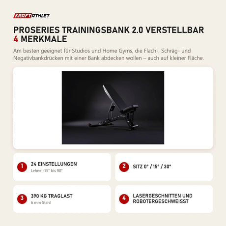 Younix ProSeries Trainingsbank 2.0 verstellbar mit 4 Merkmalen: 24 Einstellungen, Sitz 0° / 15° / 30°, 390 kg Traglast, Lasergeschnitten und robotergeschweißt