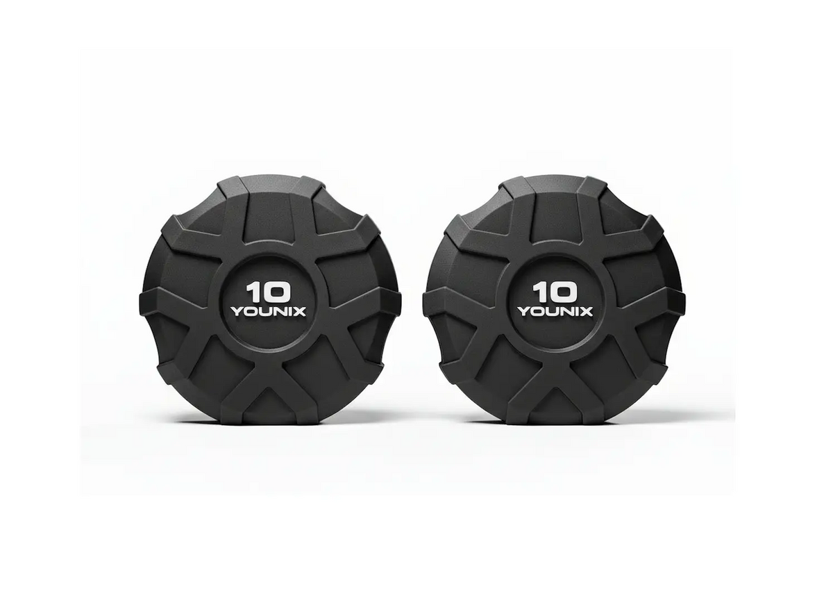 Younix ProSeries Urethan-Kurzhanteln 2,5–30 kg Set – Stirnansicht zweier Hanteln mit geprägter Gewichtsangabe, heller Hintergrund