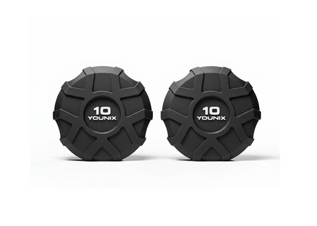 Younix ProSeries Urethan-Kurzhanteln 2,5–30 kg Set – Stirnansicht zweier Hanteln mit geprägter Gewichtsangabe, heller Hintergrund