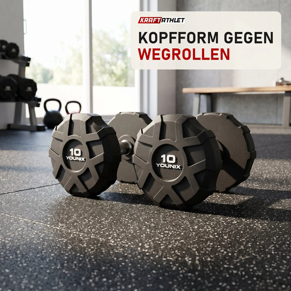 Younix ProSeries Urethan-Kurzhanteln 2,5–30 kg Set in einem hellen Home-Gym