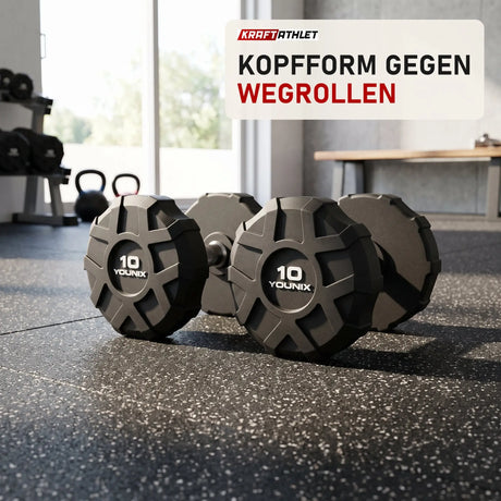 Younix ProSeries Urethan-Kurzhanteln 2,5–30 kg Set in einem hellen Home-Gym
