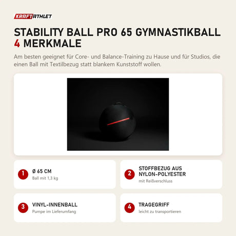 Younix Stability Ball Pro 65 Gymnastikball mit 4 Merkmalen: Ø 65 cm, Stoffbezug aus Nylon-Polyester, Vinyl-Innenball, Tragegriff