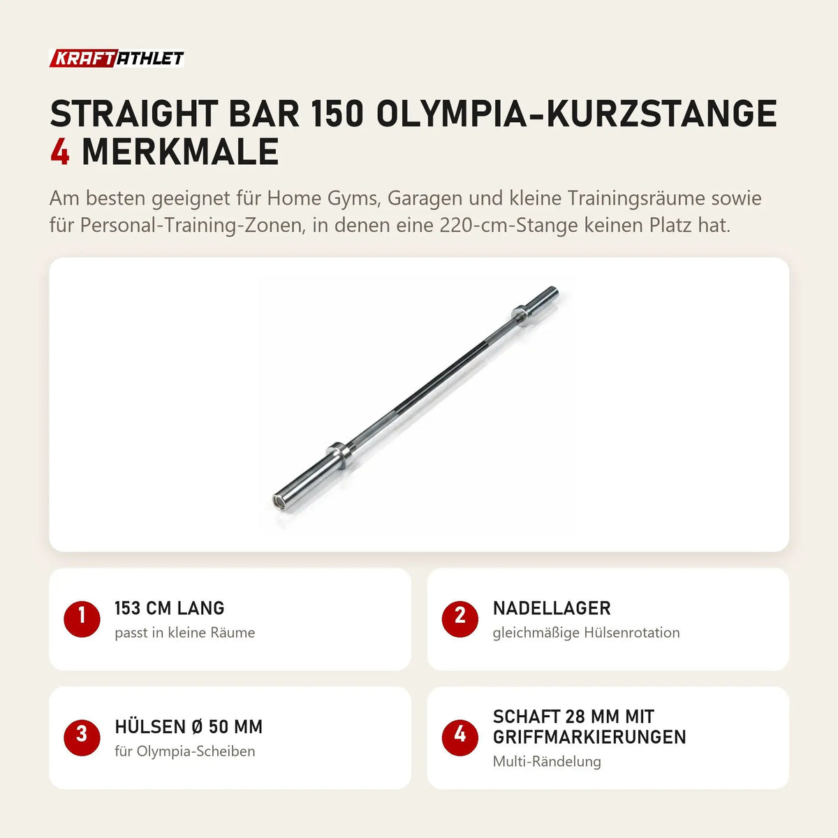 Younix Straight Bar 150 Olympia-Kurzstange mit 4 Merkmalen: 153 cm lang, Nadellager, Hülsen Ø 50 mm, Schaft 28 mm mit Griffmarkierungen