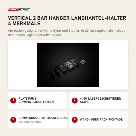 Younix Vertical 2 Bar Hanger Langhantel-Halter mit 4 Merkmalen: Platz für 2 Olympia-Langhanteln, 4 mm lasergeschnittener Stahl, UHMW-Kunststoffauskleidung, Wand- oder Rack-Montage