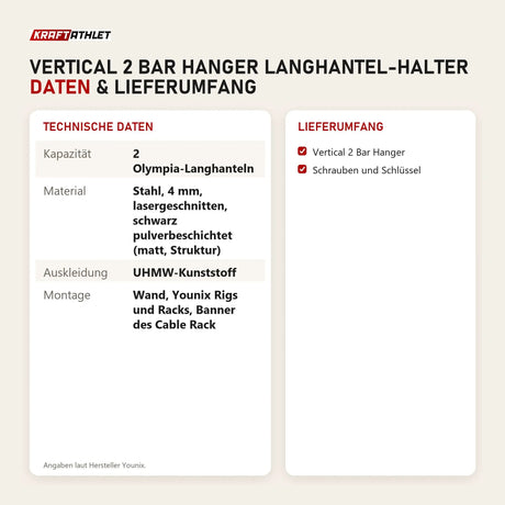 Technische Daten und Lieferumfang von Younix Vertical 2 Bar Hanger Langhantel-Halter als Tabelle