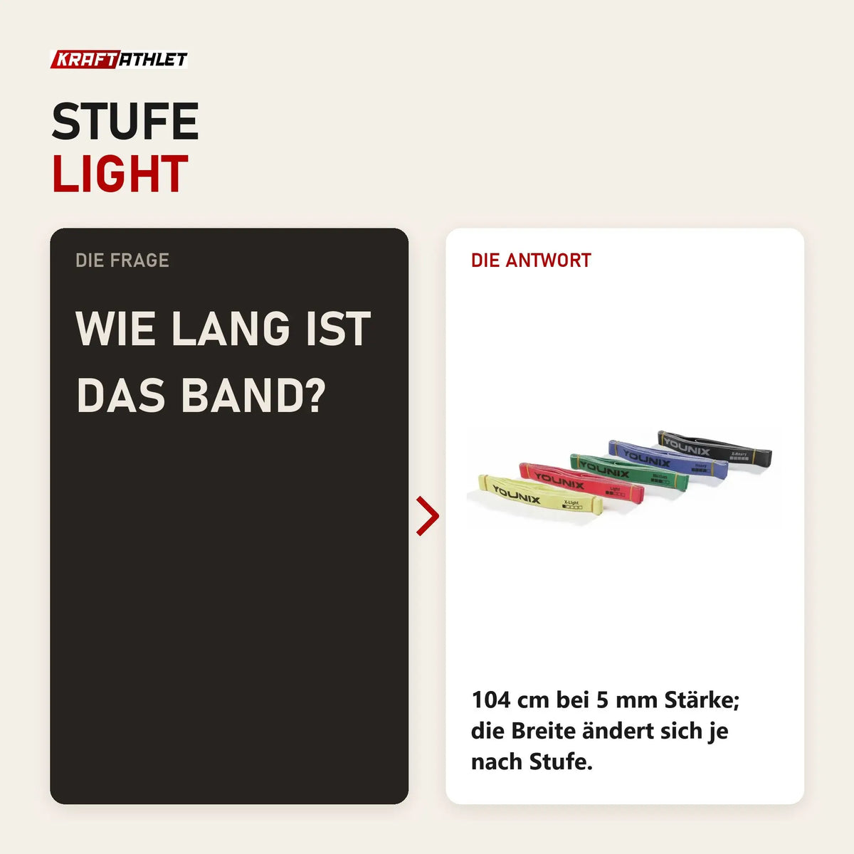 Frage und Antwort zu Younix Widerstandsband Light Fabric Band: Wie lang ist das Band?