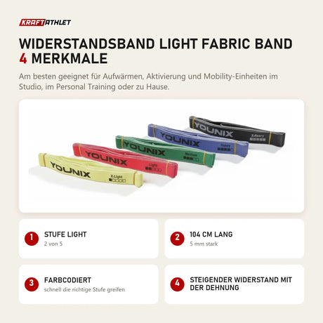 Younix Widerstandsband Light Fabric Band mit 4 Merkmalen: Stufe Light, 104 cm lang, Farbcodiert, Steigender Widerstand mit der Dehnung