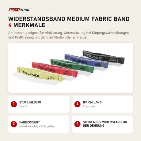 Younix Widerstandsband Medium Fabric Band mit 4 Merkmalen: Stufe Medium, 104 cm lang, Farbcodiert, Steigender Widerstand mit der Dehnung