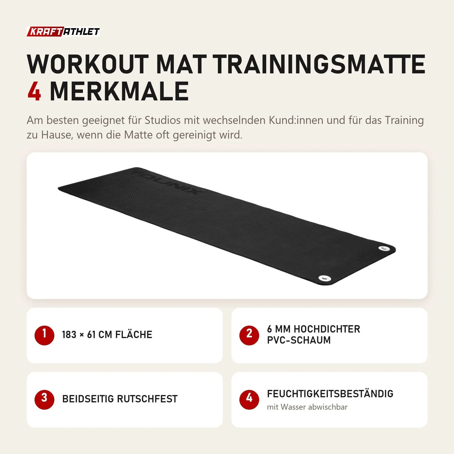 Younix Workout Mat Trainingsmatte mit 4 Merkmalen: 183 × 61 cm Fläche, 6 mm hochdichter PVC-Schaum, Beidseitig rutschfest, Feuchtigkeitsbeständig