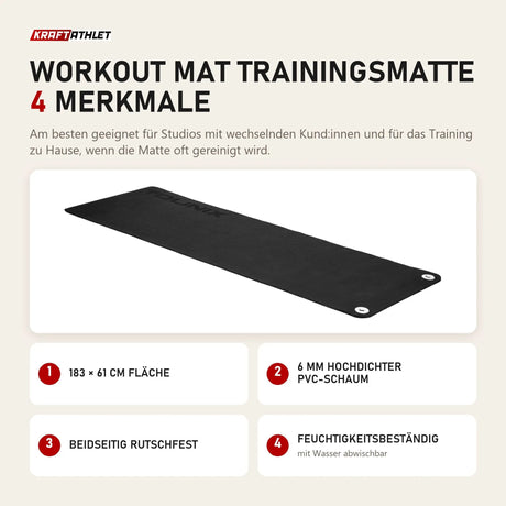 Younix Workout Mat Trainingsmatte mit 4 Merkmalen: 183 × 61 cm Fläche, 6 mm hochdichter PVC-Schaum, Beidseitig rutschfest, Feuchtigkeitsbeständig